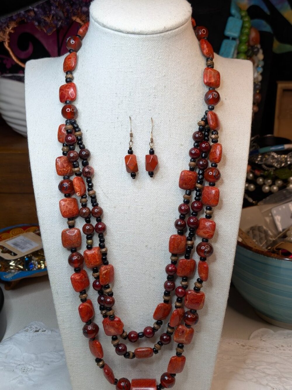 Vintage Three‑Strand Red Coral‑Glass Necklace & Jasper Earrings Set